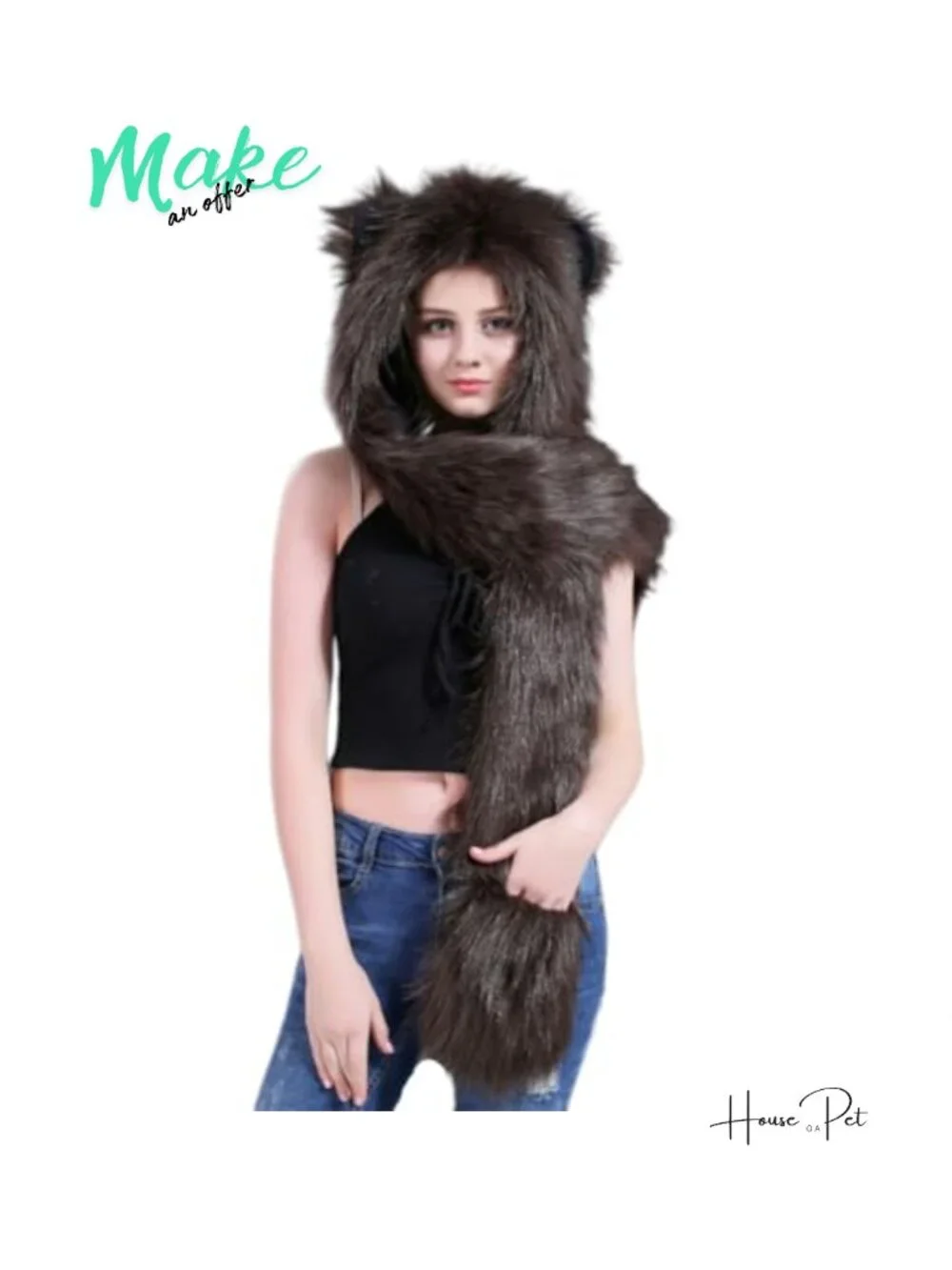 Faux Fur Animal Hood 3-in-1 Winter Scarf Gloves Set with Ears Paws